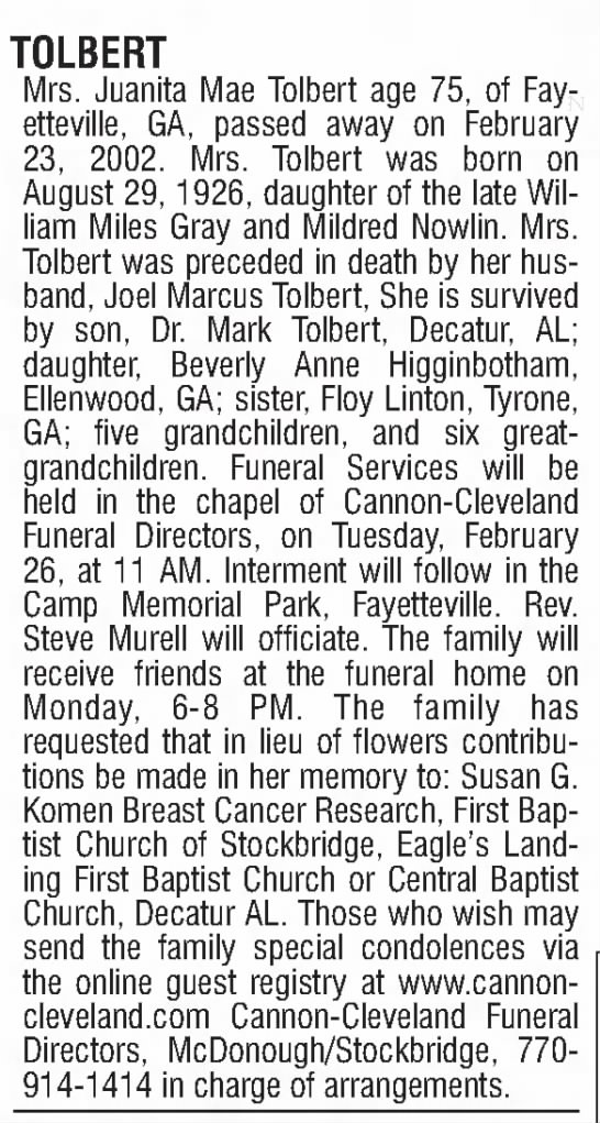 Obituary for Juanita Mae TOLBERT, 1926-2002 (Aged 75) - 