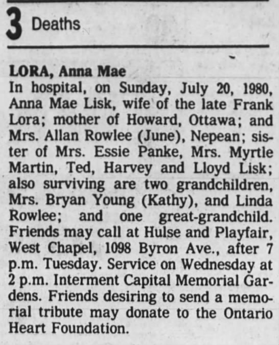 Obituary - Lora, Anna Mae nee Lisk - 