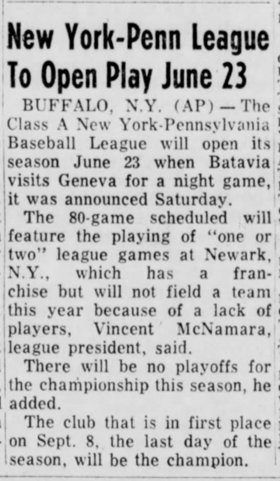 New York-Penn League To Open Play June 23 - 