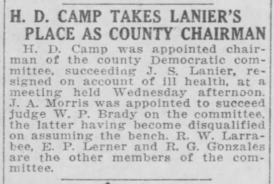 H. D. Camp Takes Lanier's Place as County Chairman - 