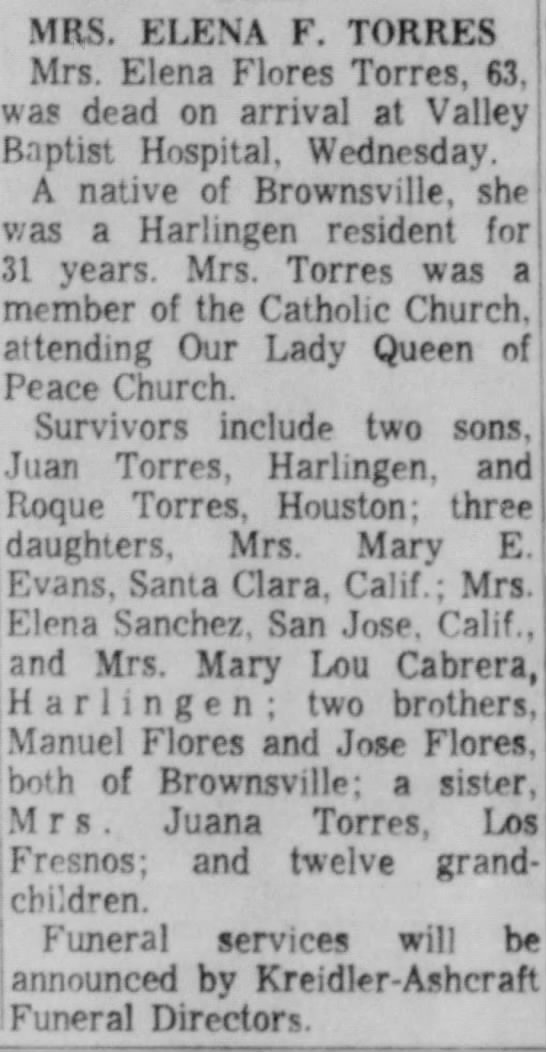 Obituary for Elena Flores TORRES (Aged 63) 