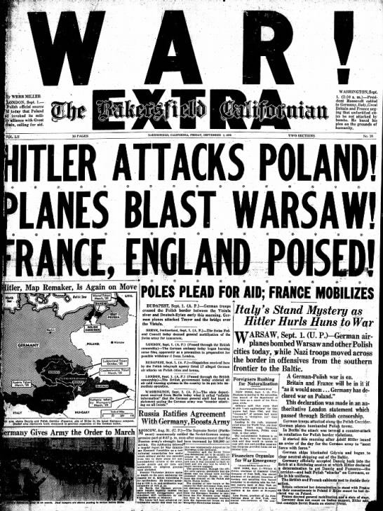 United States newspaper front page with news of Germany's invasion of Poland - 