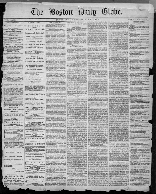 First Issue of Boston Daily Globe - March 4, 1872 - 