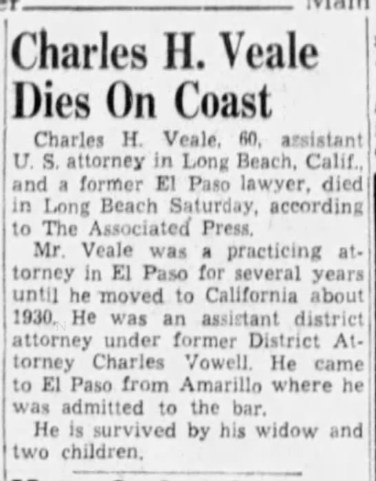 Charles H. Veale Dies On Coast - 