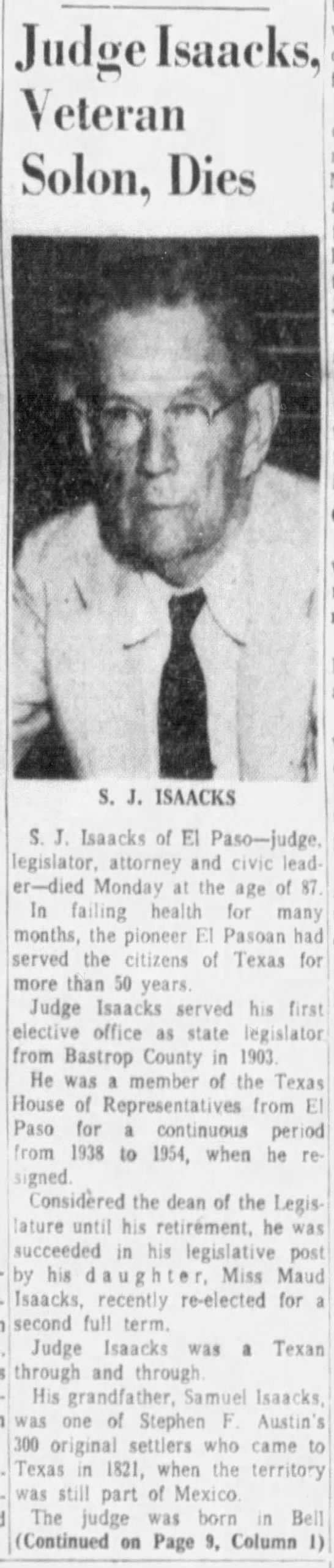Judge Isaacks, Veteran Solon, Dies - 