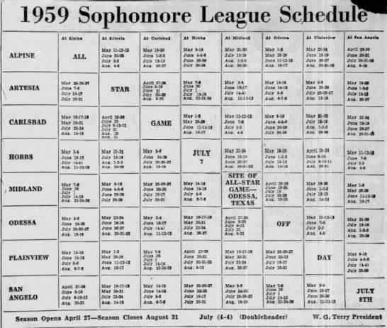 1959 Sophomore League schedule - 