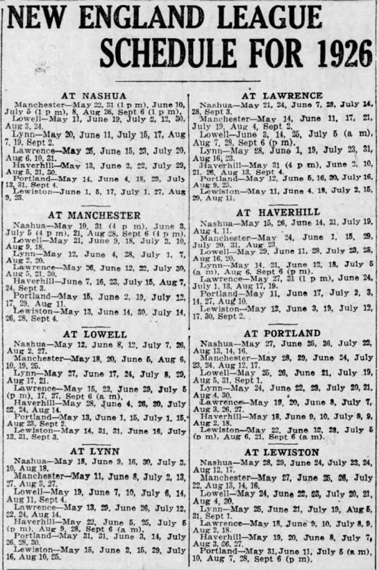 1926 New England League schedule - 