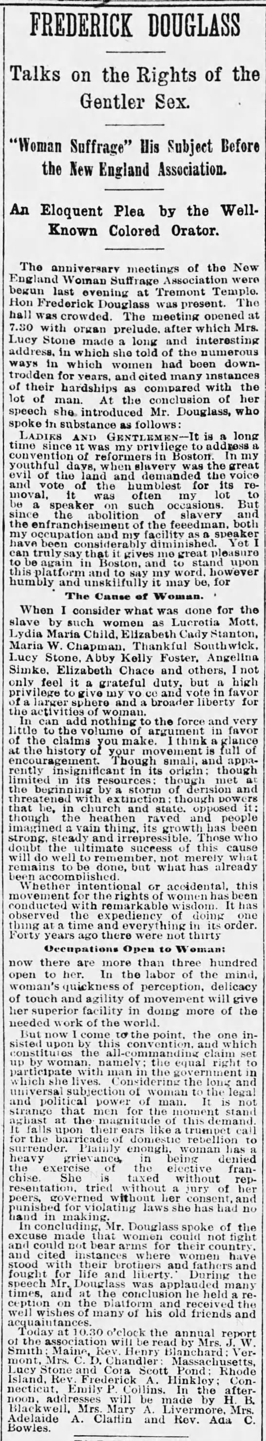 Frederick Douglass gives speech to New England Woman Suffrage Association in 1886 - 