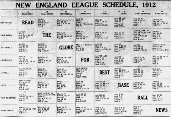 1912 New England League schedule - 