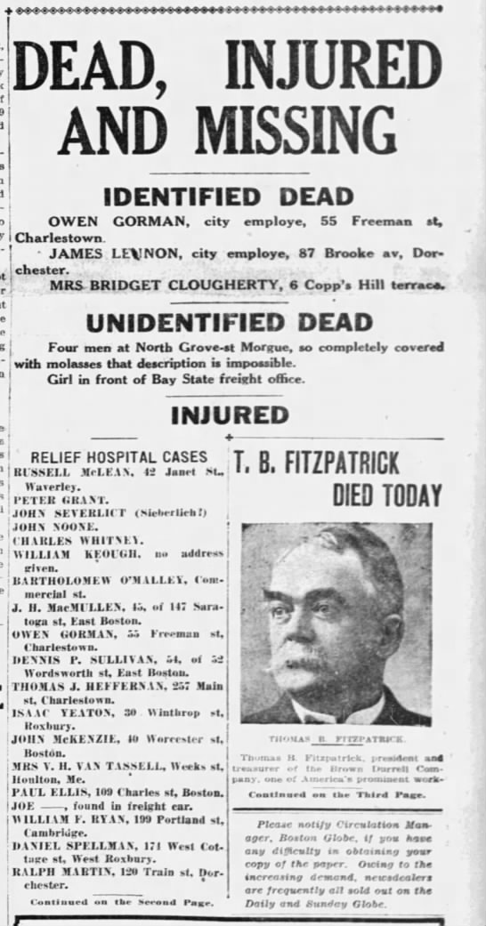 Initial list of injured and dead after the Great Molasses Flood of 1919 - 