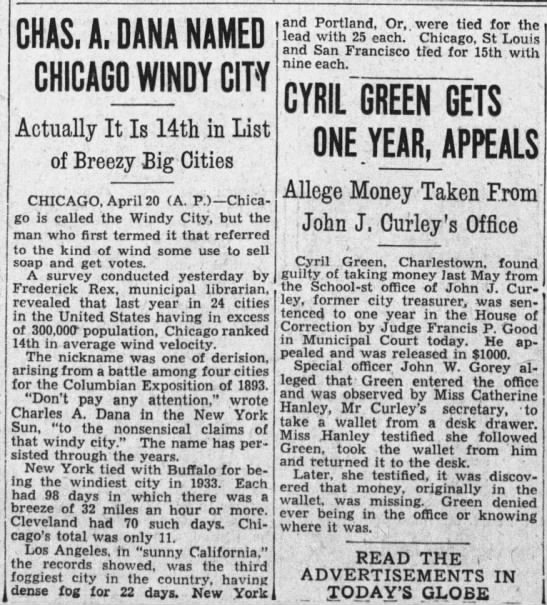 "Chas. A. Dana Named Chicago Windy City." An AP story promoted an origin myth (1934). - 