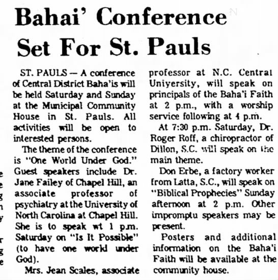 Baha'is Jane Failey, Jean Scales, Robert Roff, Don Erbe talks at conference - 