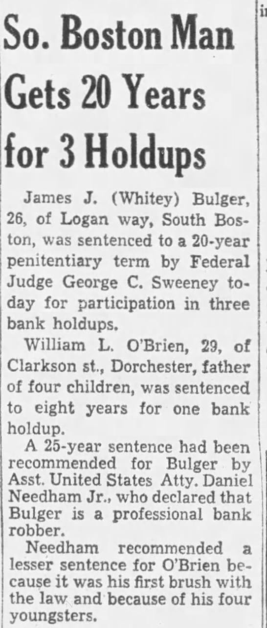 Bulger O'Brien setenced (June 1956) - 