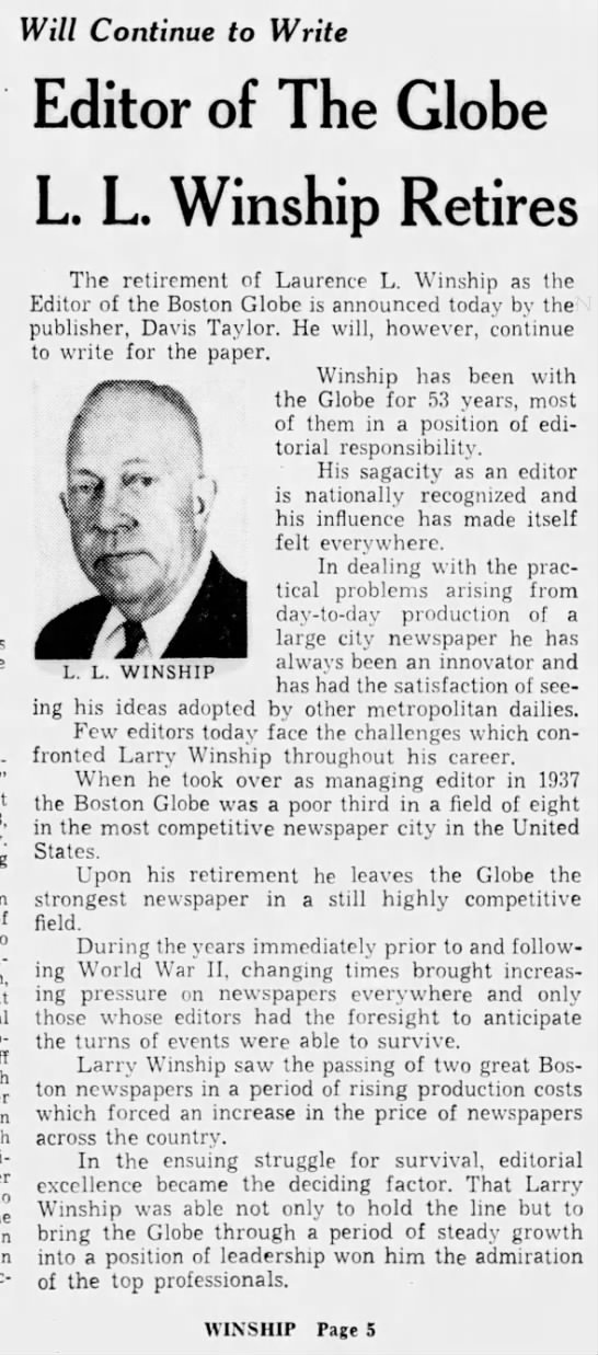 Editor of The Globe L. L. Winship Retires - 
