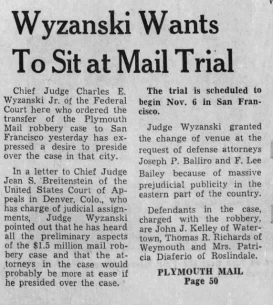 Wyzanski Wants to Sit at Mail Trial (15 Sept 1967) - 