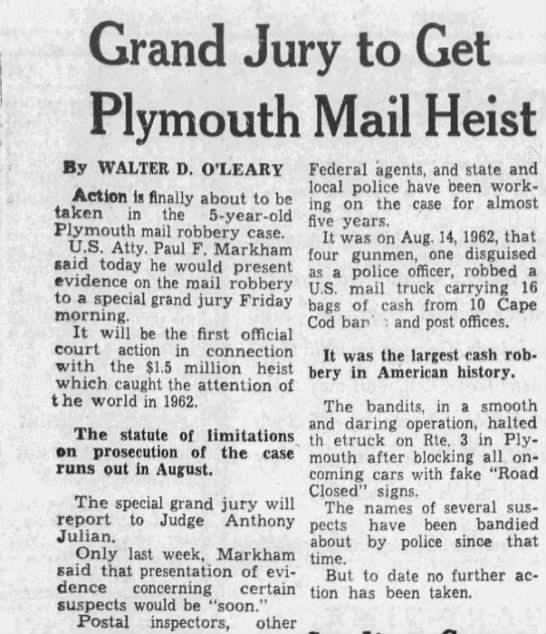 Grand Jury to Get Plymouth Mail Heist (27 March 1967) - 