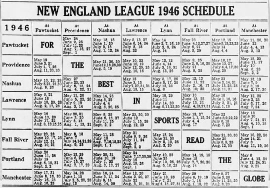 1946 New England League schedule - 