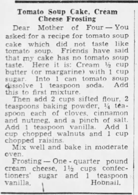 Tomato Soup Cake with Cream Cheese Frosting (1943) - 