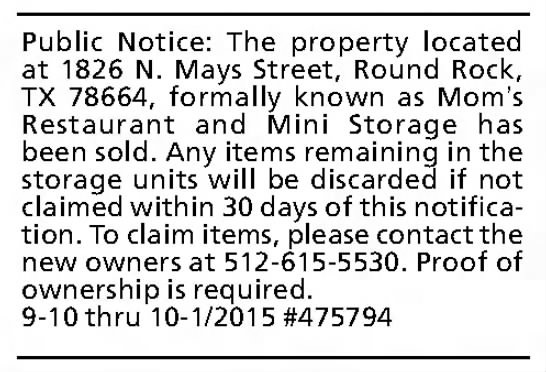 Public Notice - 1826 N Mays - Round Rock - Mom's Restaurant - Sold - 