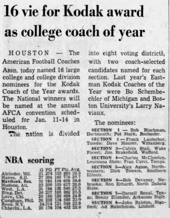 1970.12.01 Devaney nominated for coach of year - 