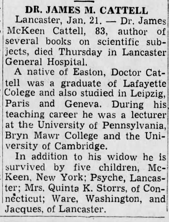 Dr. James M. Cattell; 21 Jan 1944; Harrisburg Telegraph; 3 - 