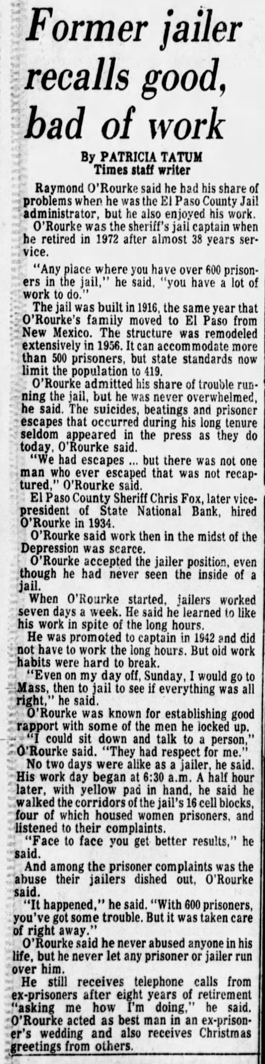 Former jailer Raymond O'Rourke recalls good, bad of work - 