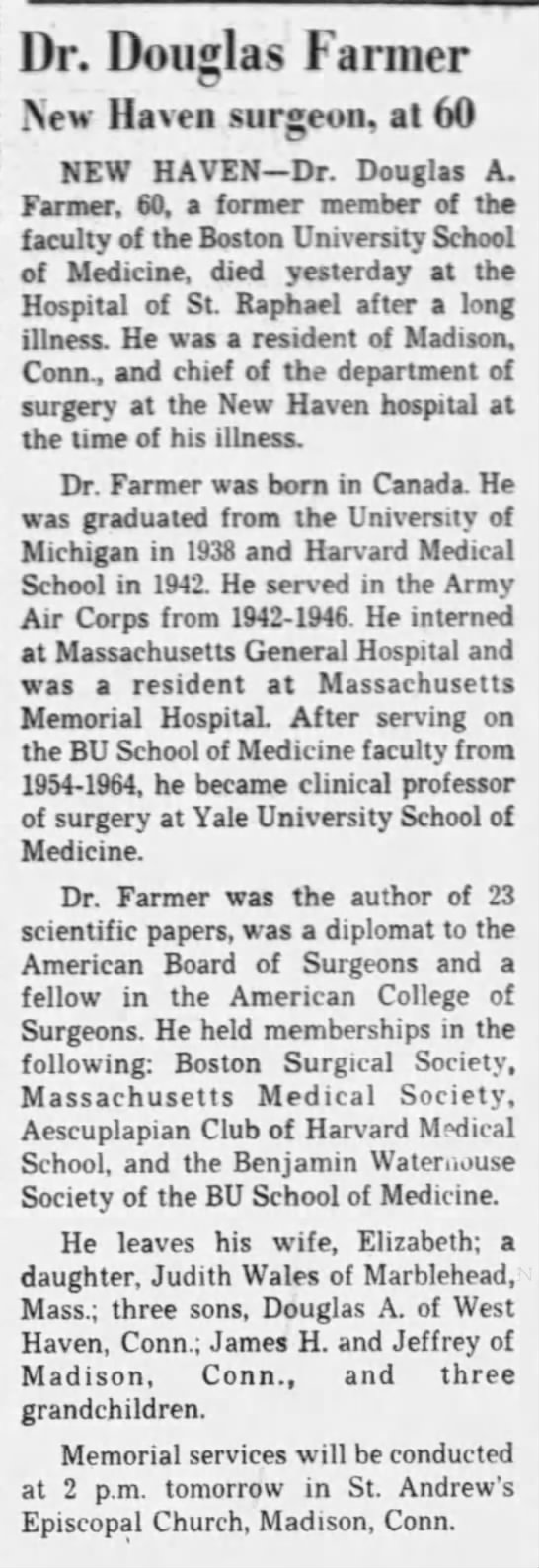 Dr. Douglas Farmer New Haven surgeon, at 60 - 