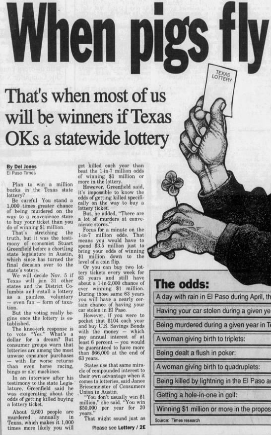 Greater odds of getting killed on the way to buy a lottery ticket (1991). - 