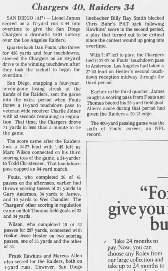Chargers 40-34 Raiders, 11 Nov 1985 - 