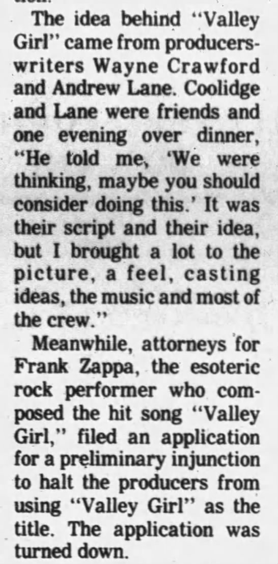 Zappa tried to halt VALLEY GIRL movies - 
