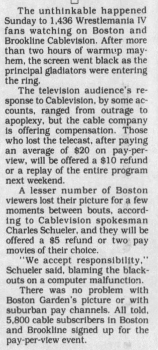 Boston WrestleMania IV PPV issues (Boston Globe 3/29/1988) - 