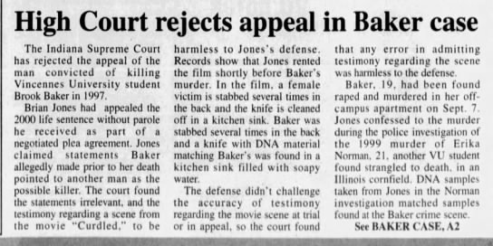 High court rejects appeal in Baker case, Brian Jones December 29, 2002 VSC Homicide - 
