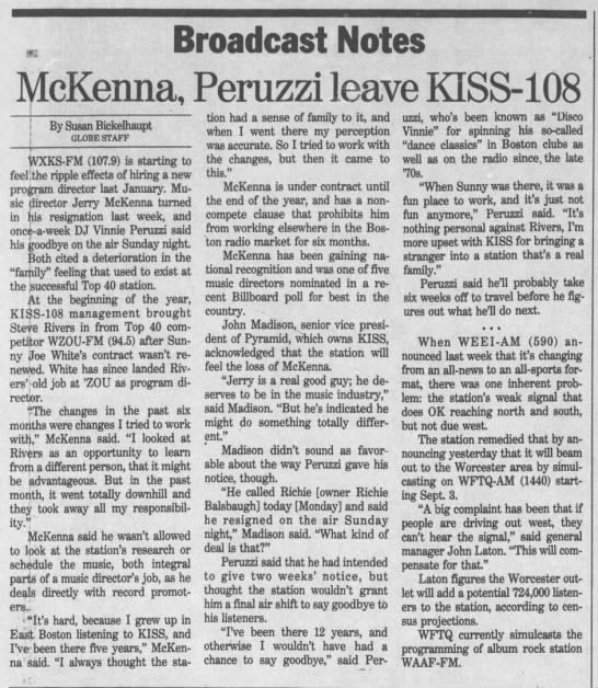McKenna, Peruzzi leave KISS-108 - 