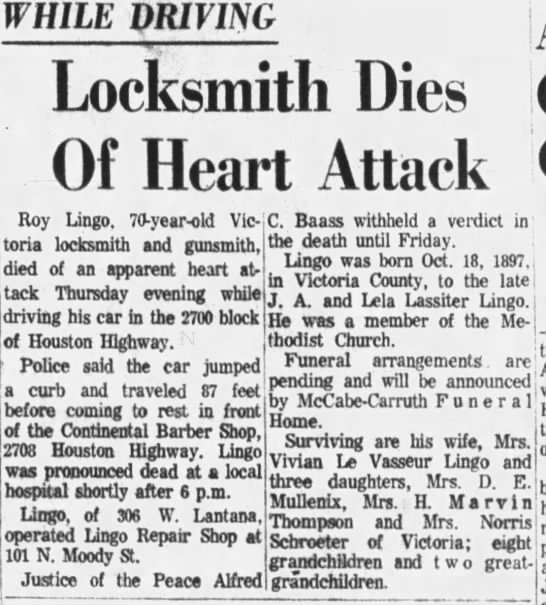 Locksmith Roy Lingo Dies of Heart Attack - 