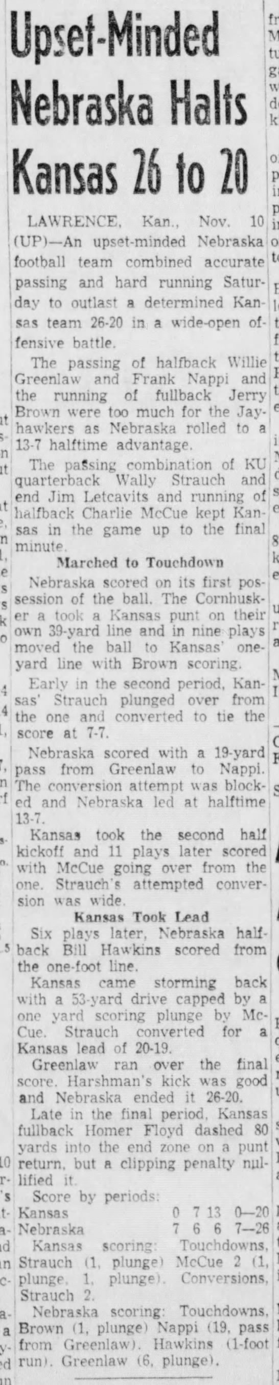 1956 Nebraska-Kansas football UP - 