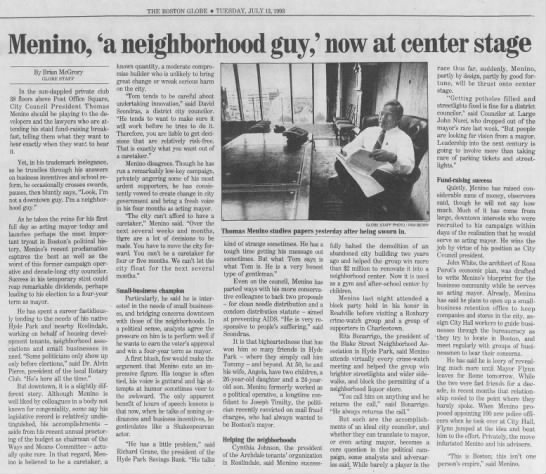 Menino, 'a neighborhood guy,' now at center stage - 