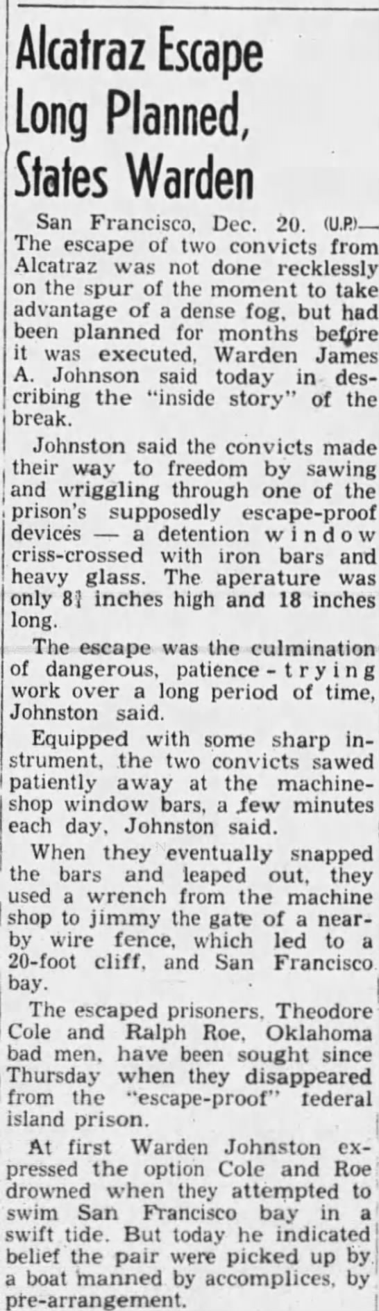 Two convicts attempt to escape from Alcatraz; Authorities unsure whether they drowned or survived - 