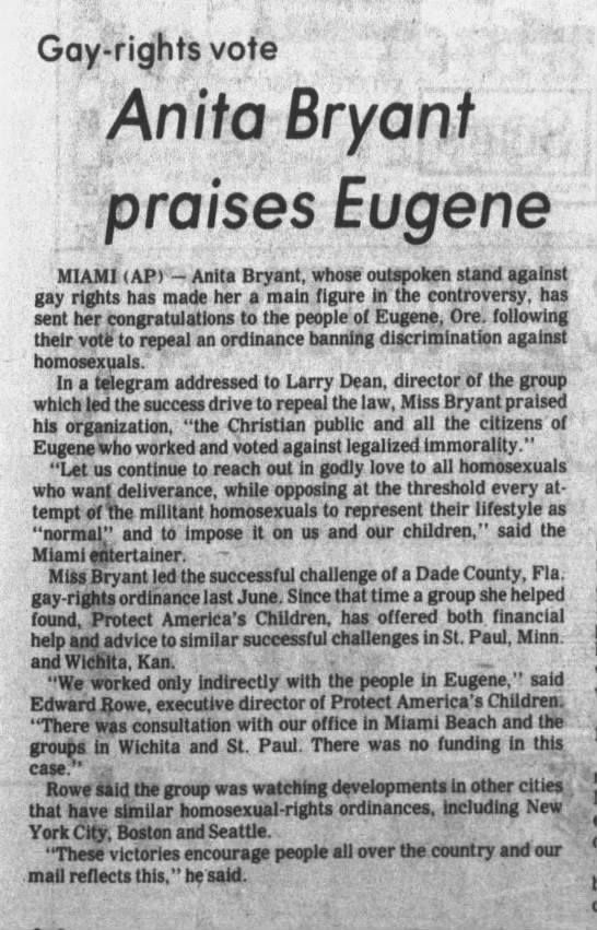 Anita Bryant praises Eugene - 