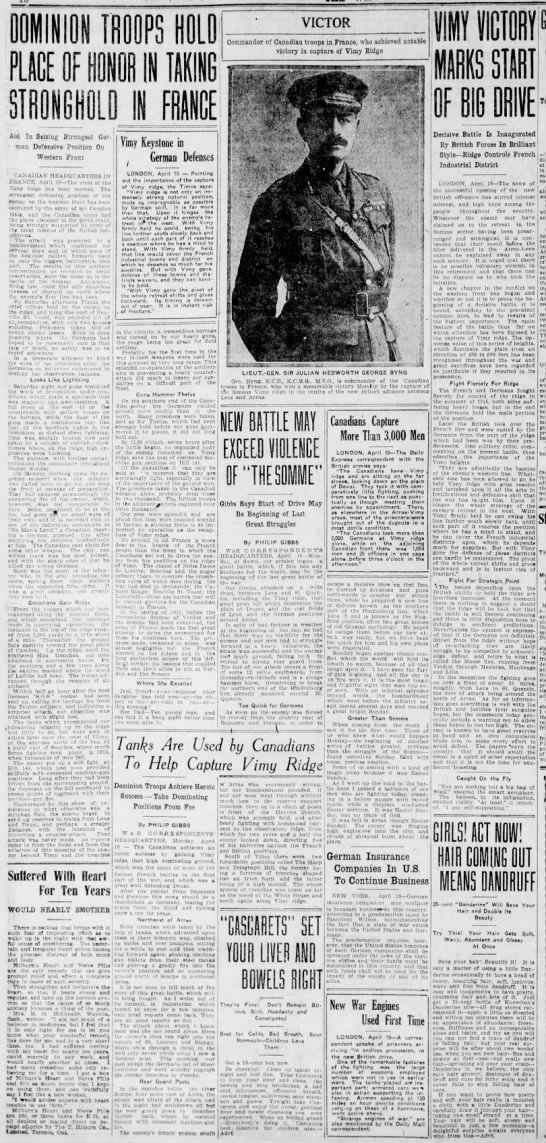 Manitoba newspaper reports on opening of Battle of Vimy Ridge in April 1917 - 