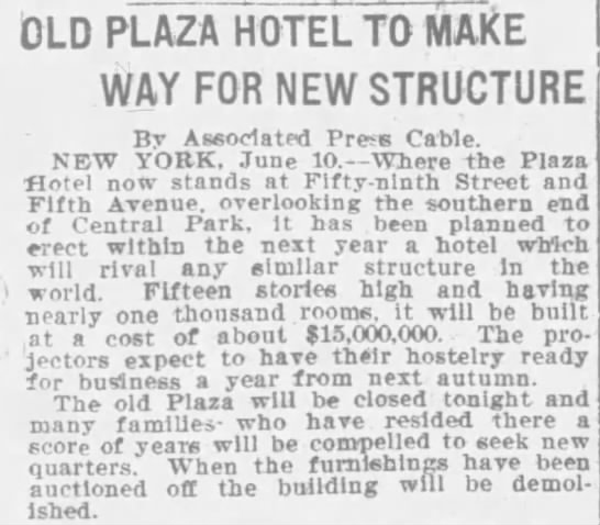 Old Plaza Hotel to Make Way for New Structure - 
