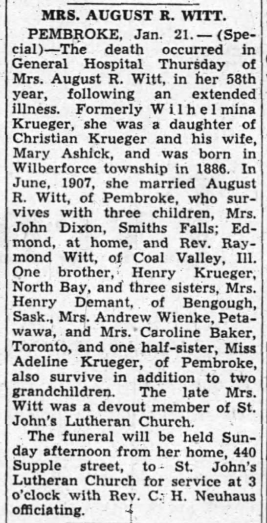 Obituary - Wilhelmina Krueger/Krieger, Mrs. August R. Witt - 