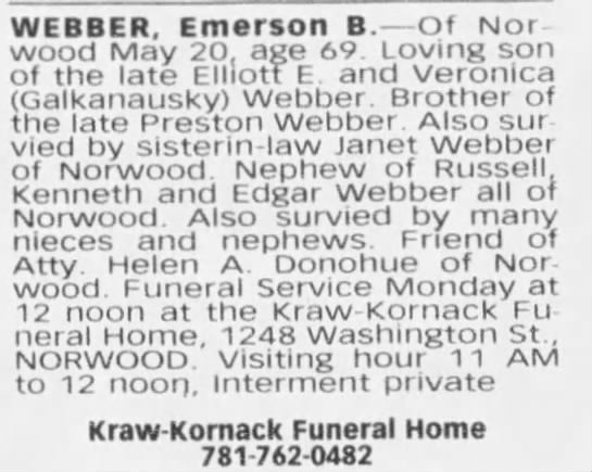 Obituary for Emerson B. WEBBER (Aged 69) - 