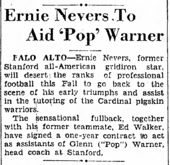 Ernie Nevers To Aid 'Pop' Warner - 