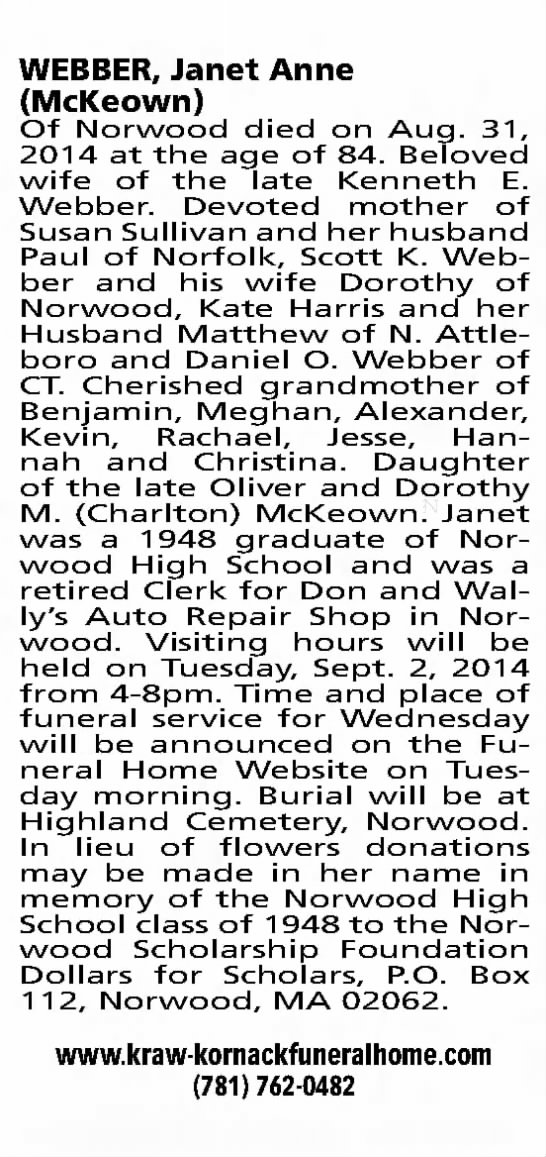 Obituary for Janet Anne WEBBER (Aged 84) - 