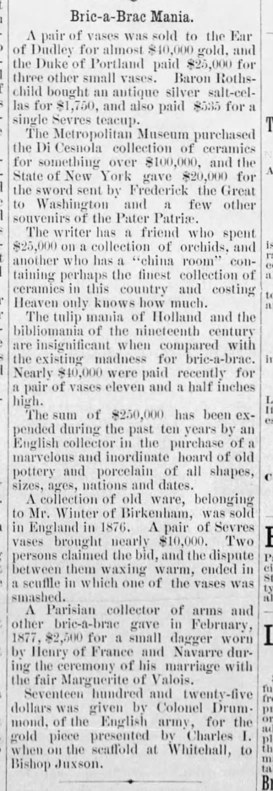 High prices being paid for bric-a-brac, 1887 - 