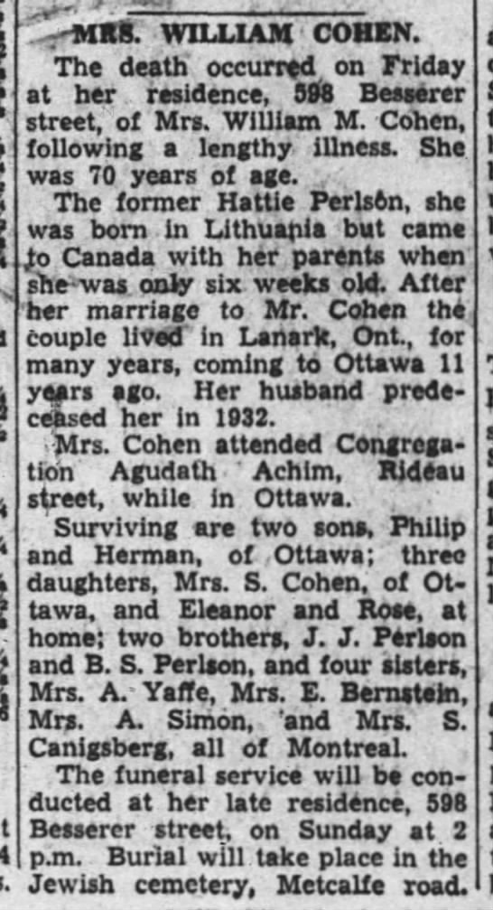 Death of Mrs. William M. Cohen - 