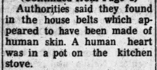 Ed Gein - human heart found in pot on stove - 
