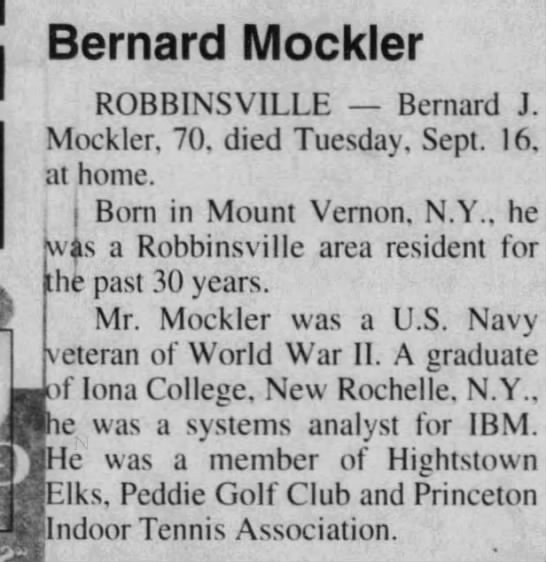 Obituary for Bernard J. Mockler (Aged 70) - 