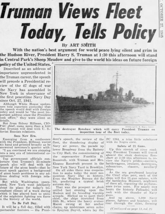 Truman Views Fleet Today, Tells Policy - 