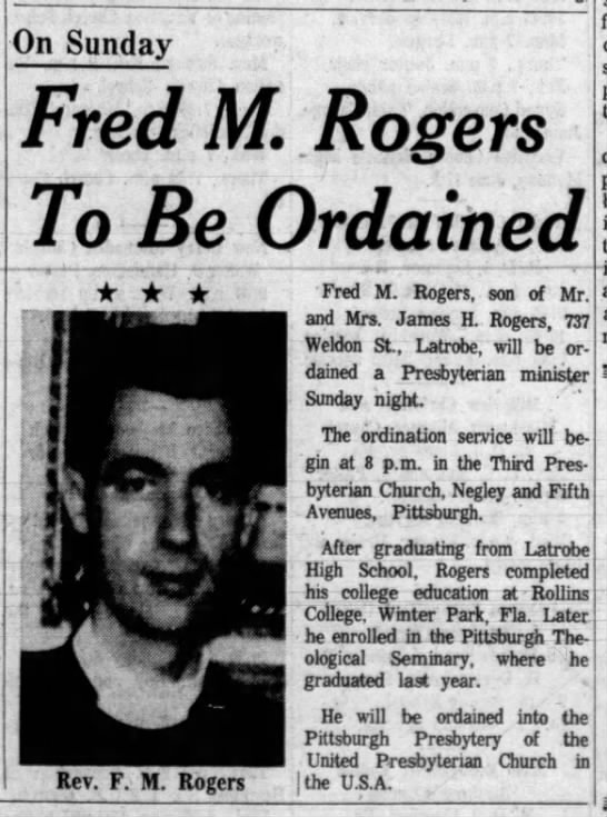 Fred Rogers ordained a minister - 